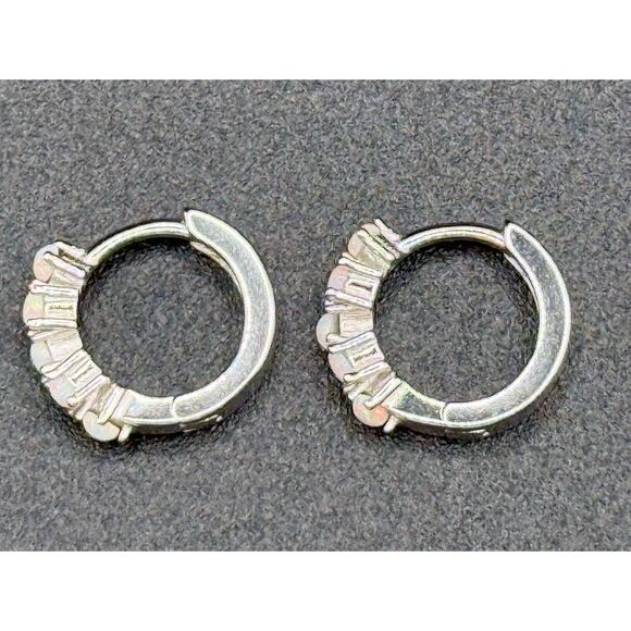 New Condition Dainty Sterling Silver Lab Opal Huggie Earrings 925 - Picture 4 of 8